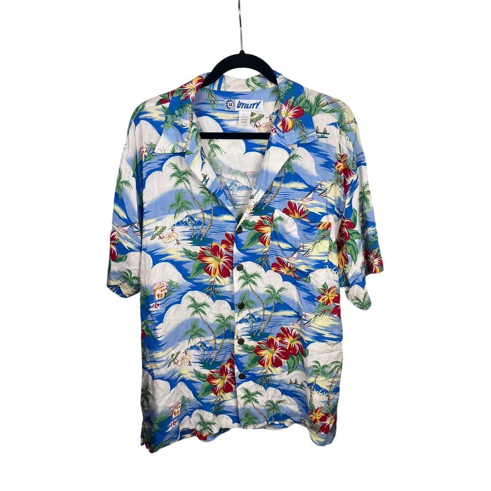 Utility Tropical Hawaiian Scenic Print Rayon Button Front Shirt — Men’s Large